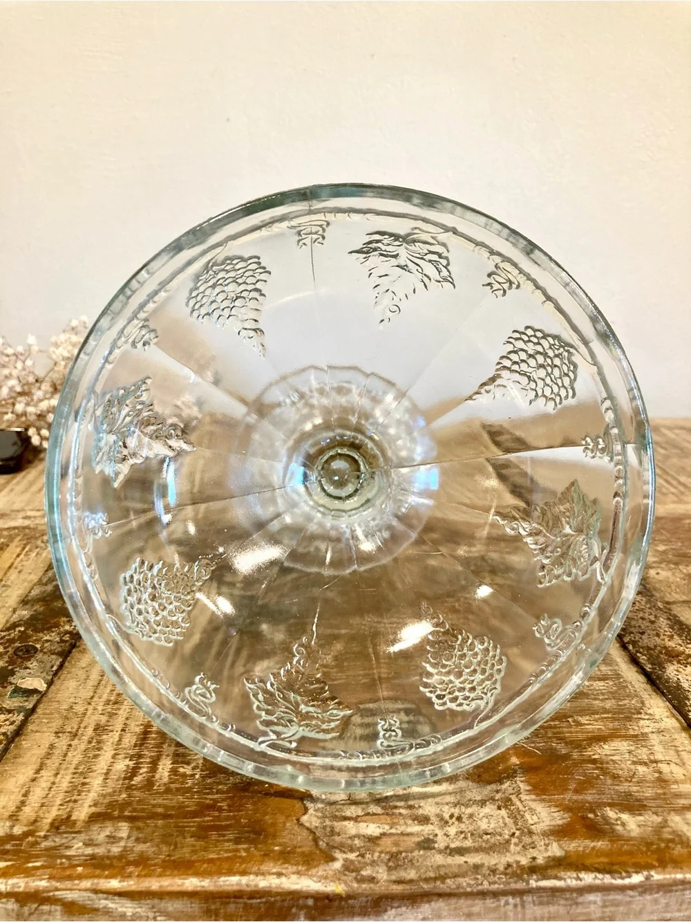 Clear Pressed Glass Compote Serving Bowl with Grape Motif 6” Tall